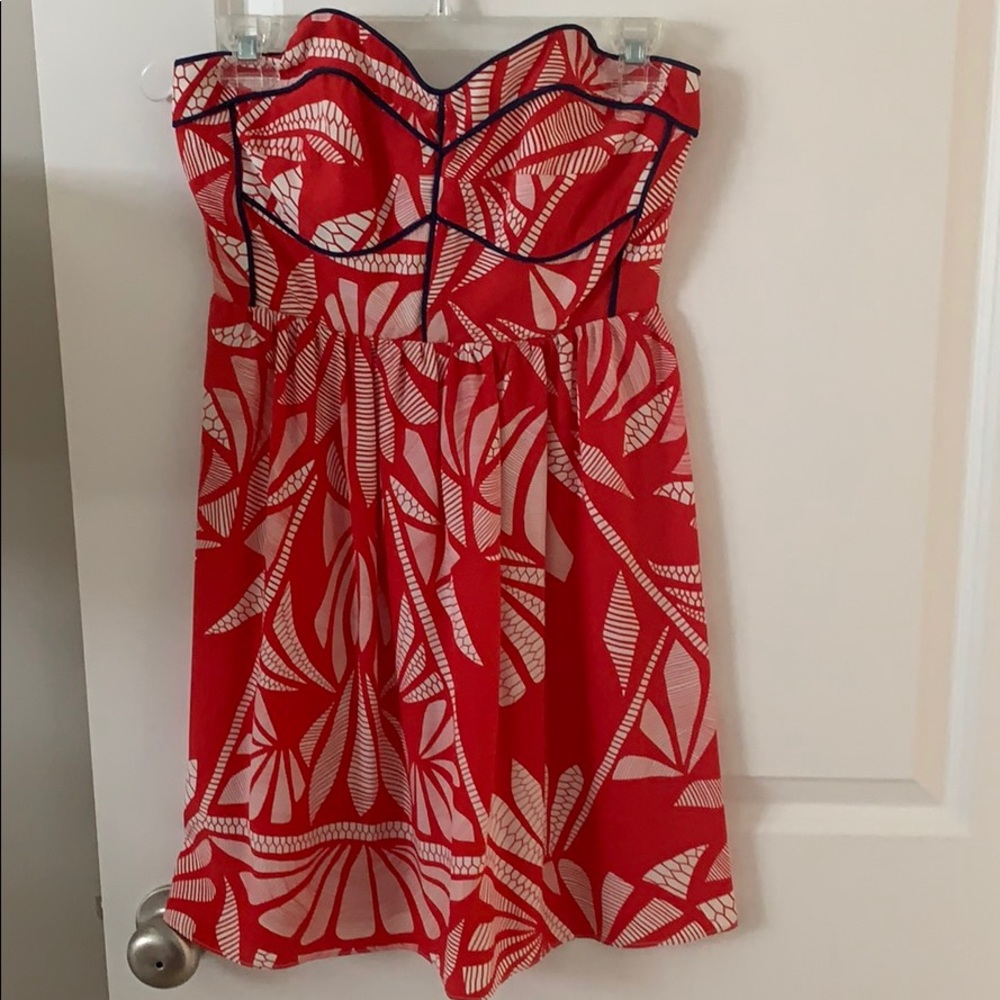 Red and blue strapless dress